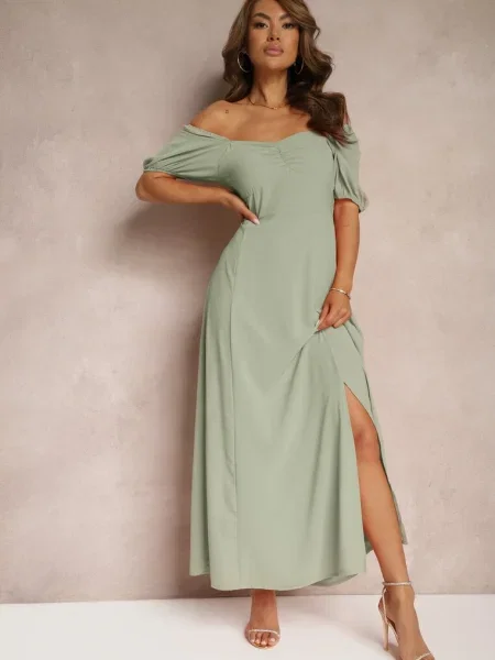 Rochie de Seară cu Decolteu Spaniol și Șliț Vikiya verde