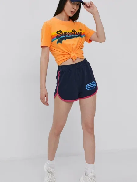 Къс панталон Superdry дамски с изчистен дизайн със стандартна талия тъмносиньо
