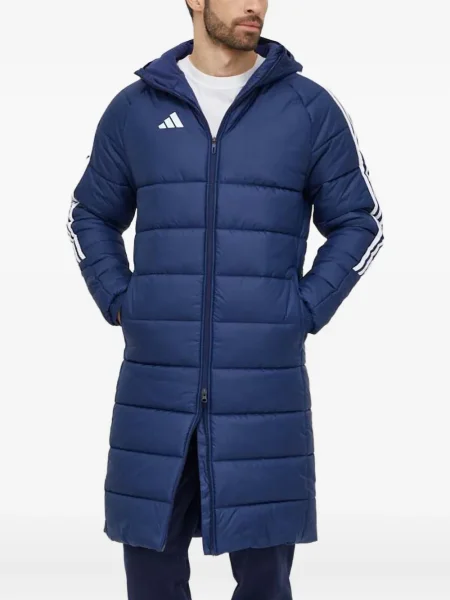 Geacă cu puf Adidas din piele de căprioară cu dungi cu glugă albastru