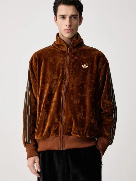 Adidas Originals rozepínací mikina velurová Firebird Velour hnědá