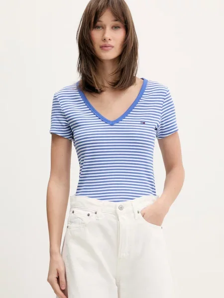 T-shirt o kroju slim fit z mieszanki bawełny Tommy Jeans niebieska