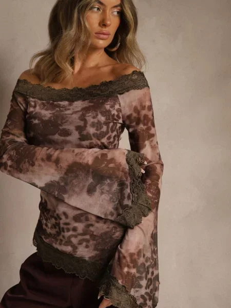 Bluzka Siateczkowa Typu Hiszpanka z Bawełną i Wiskozą z Koronką Nurriva brązowa