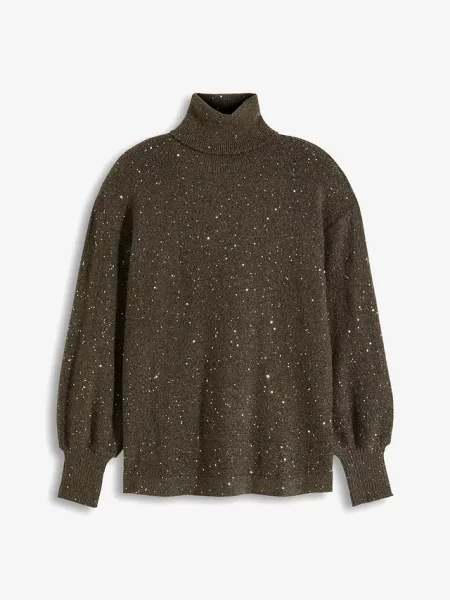 Sweter z golfem i cekinami brązowy