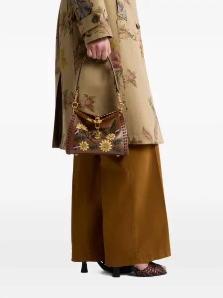 Geantă Etro din piele cu model floral maro