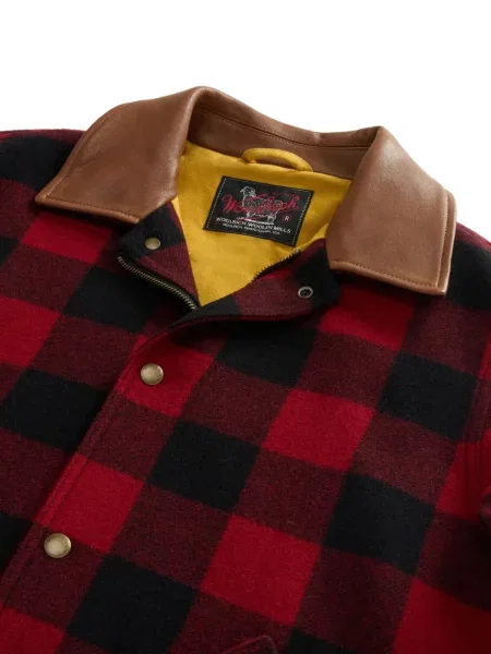 Καρό με κολάρο δερμάτινο μπουφάν Woolrich κόκκινο