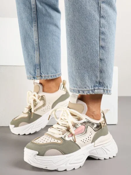Beżowo-Zielone Sneakersy Streetwearowe na Grubej Podeszwie Waniffia beżowe