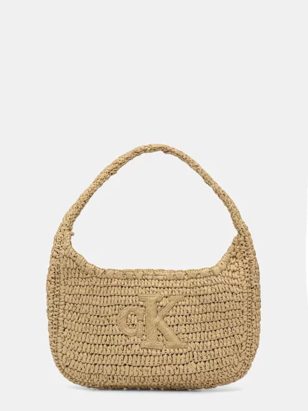 Geantă Calvin Klein Bold Ck Raffia Sm Shoulder Bag Maro bej