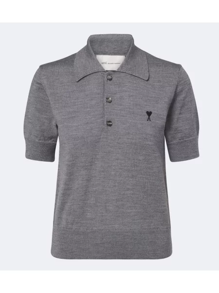 Tricou polo Ami Paris de lână gri