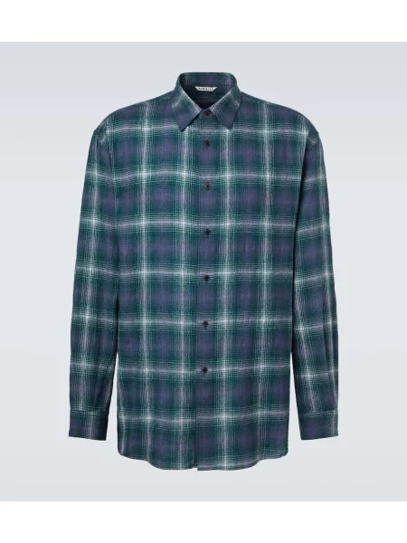 Vlněná kostkovaná košile Auralee modrá