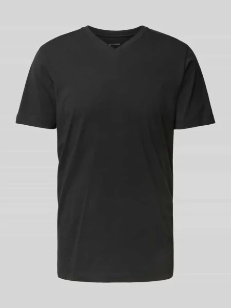 T-shirt z prążkowanym dekoltem w serek w zestawie 2 szt. Olymp Level Five czarna