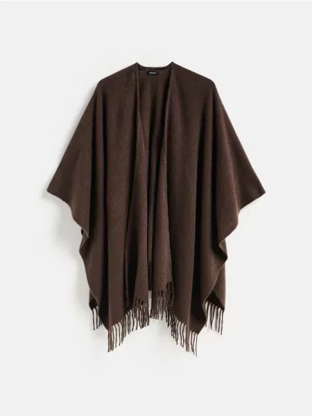 Reserved Poncho cu franjuri maro-închis maro