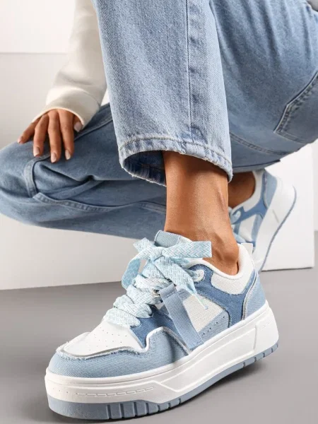 Sneakers Albastru-Alb cu Platformă Joasă Pandantiv și Șireturi Decorative Salam alb
