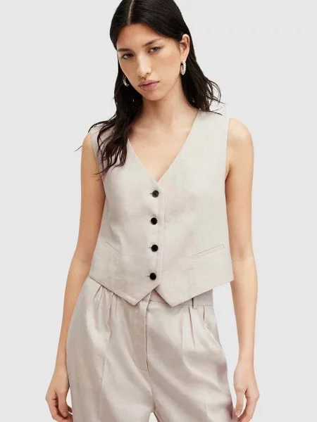 Ленен елек AllSaints WHITNEY WAISTCOAT с едно копче бежово