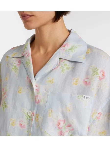 Cămașă Prada de in cu model floral albastru