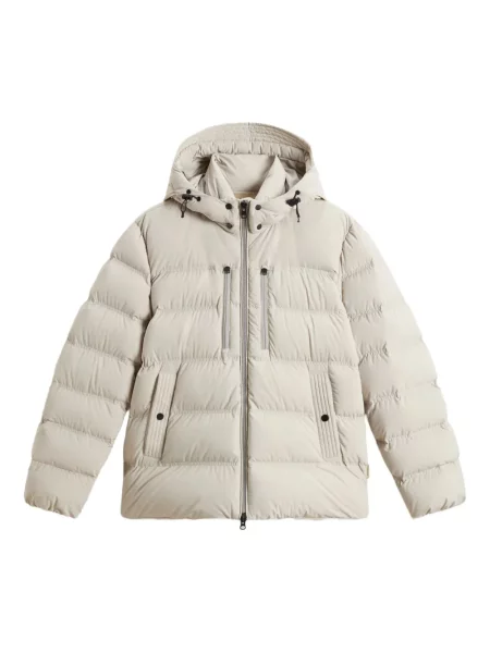 Geacă cu puf Woolrich cu glugă stretch gri