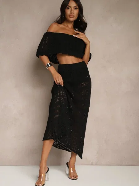 Ażurowy Komplet z Bawełną Spódnica i Top z Hiszpańskim Dekoltem Folanea czarny