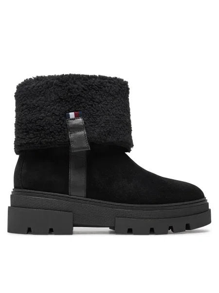 Велурени боти Tommy Hilfiger FAUX FUR SUEDE ROLL-DOWN BOOT с равна подметка с изолация черно