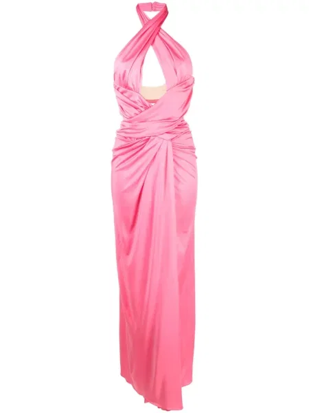 Rochie maxi Moschino drapată cu gât halter roz