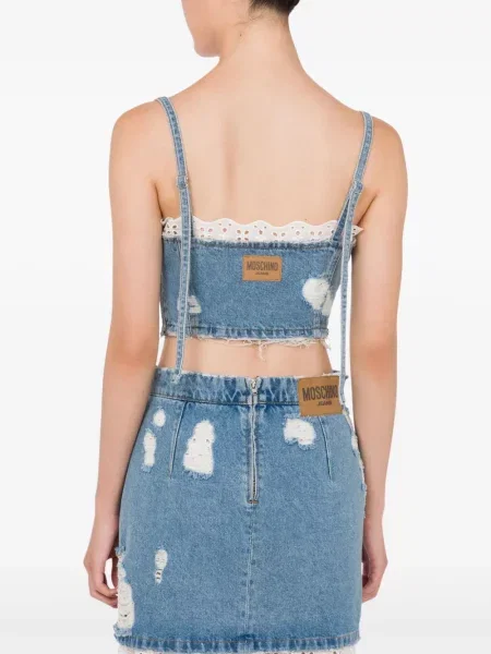 Bluzka Moschino Jeans koronkowa o krotszym kroju niebieska
