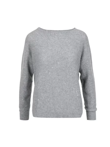 Sweter Gran Sasso z cekinami wełniany z dekoltem w łódkę szary