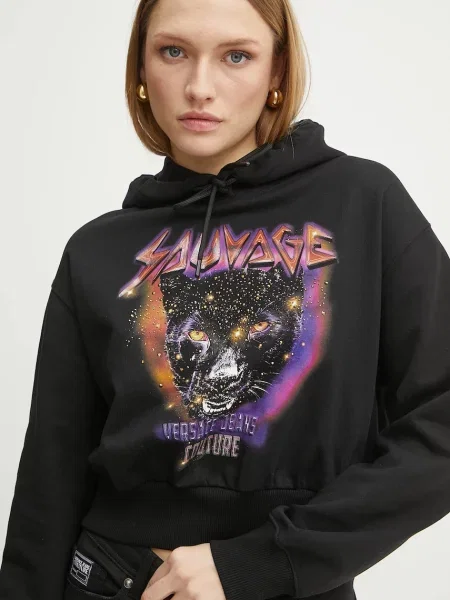 Bombažen pulover Versace Jeans Couture s kapuco črna