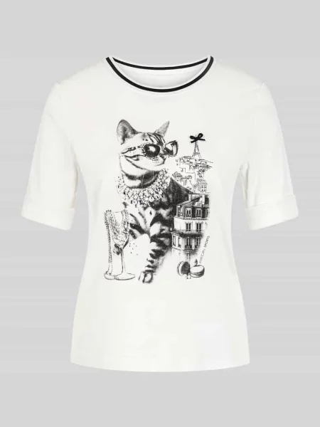 T-shirt z nadrukiem kota i kamienie stras Marc Cain biała