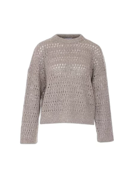 Lniany sweter Brunello Cucinelli z cekinami beżowy