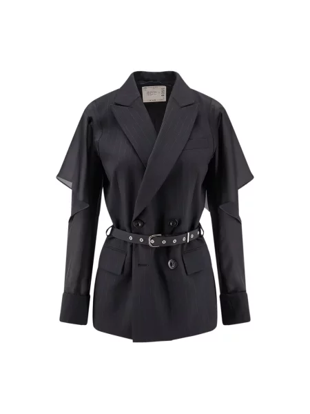 Prążkowany marynarka Sacai wełniana dwurzędowa czarna