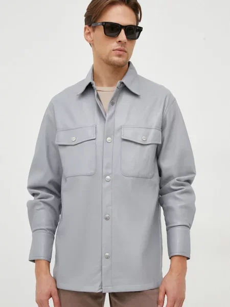 Риза United Colors of Benetton мъжка със стандартна кройка с класическа яка сиво