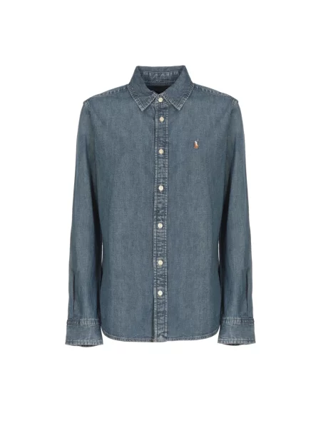 Bluzka Ralph Lauren z twillu z długim rękawem niebieska