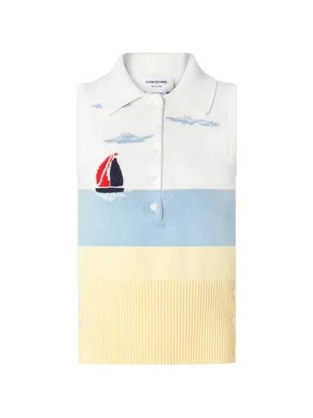 Tricou polo Thom Browne fără mâneci alb