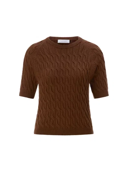 Sweter Rich & Royal wełniany z krótkim rękawem brązowy