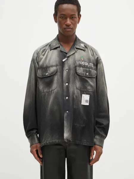 Maison MIHARA YASUHIRO camasa Bleached Longsleeve Satin Shirts barbati cu guler clasic relaxed negru