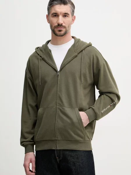 Tommy Hilfiger pulover s kapuco z bombažem zelena