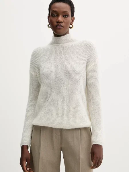 Пуловер с вълна MM TENNA от лека материя с поло бежово