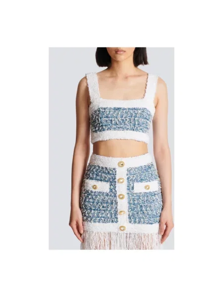 Top Balmain tweedowy na ramiączkach biały