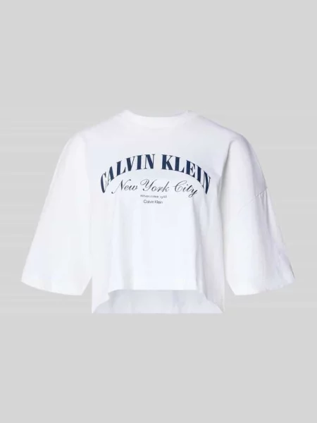 T-shirt o krótkim kroju z nadrukiem z logo Calvin Klein Jeans biała