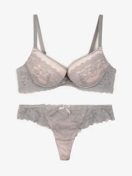 Set Dantelă Sutien Push-Up și String Jasminesa gri