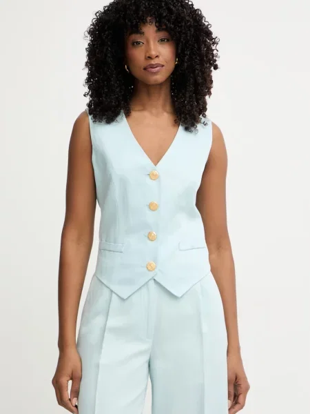 Marciano by Guess jednořadá vesta s příměsí lnu JANE modrá