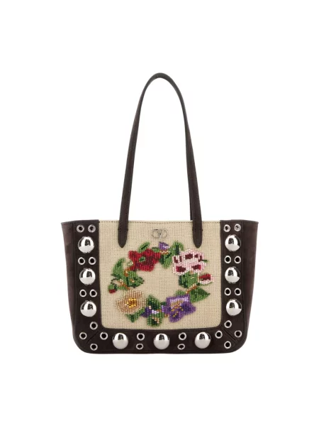 Lniana torebka Valentino Garavani brązowa