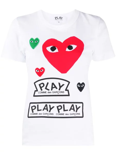 Tricou Comme Des Garcons Play cu imagine cu motiv cu inimi scurt alb