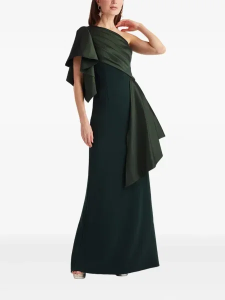 Rochie maxi Tadashi Shoji cu volane cu un umăr gol de costum verde