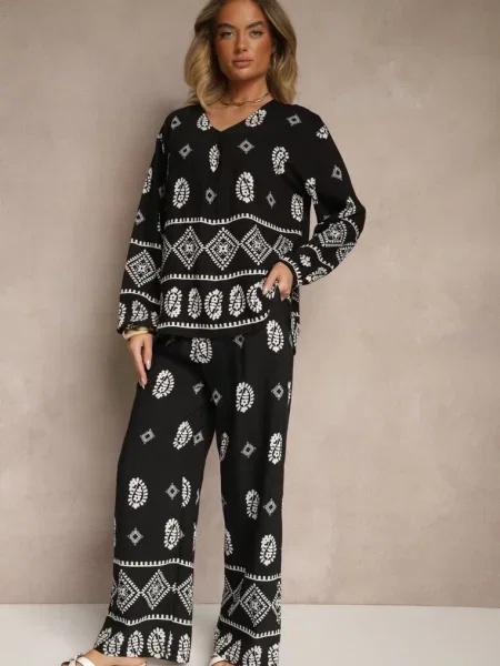 Komplet w Stylu Etno Spodnie z Gumką w Pasie i Bluzka Oversize Eviralyn czarny