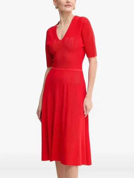 Sukienka midi Hervé Léger z dekoltem w serek do kolan garniturowa czerwona