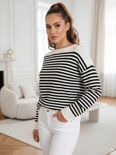 Sweter w paski ELVARA Dstreet beżowy