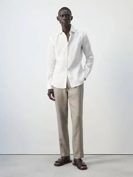 Koszula slim fit z lnu Mężczyzna XS MANGO MAN biały
