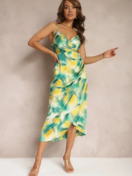 Rochie Verde-Galbenă Tip Plic cu Bretele Subțiri cu Finisaj Satinat și Pliuri Vikida galben