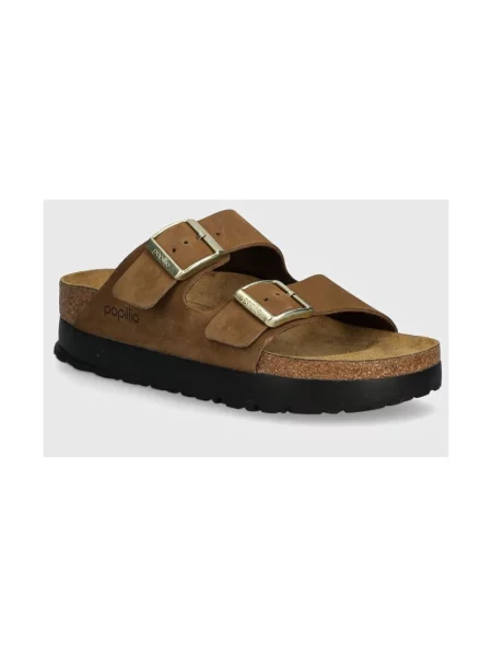 Klapki Birkenstock skórzane na platformie brązowe