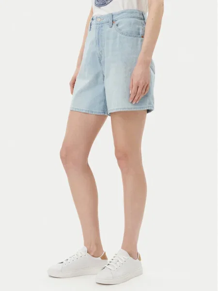 Дънков къс панталон Levi's HIGH BAGGY SHORT синьо с изчистен дизайн с висока талия светлосиньо