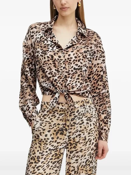 Bluză Guess cu imagine cu model leopard cu legături maro